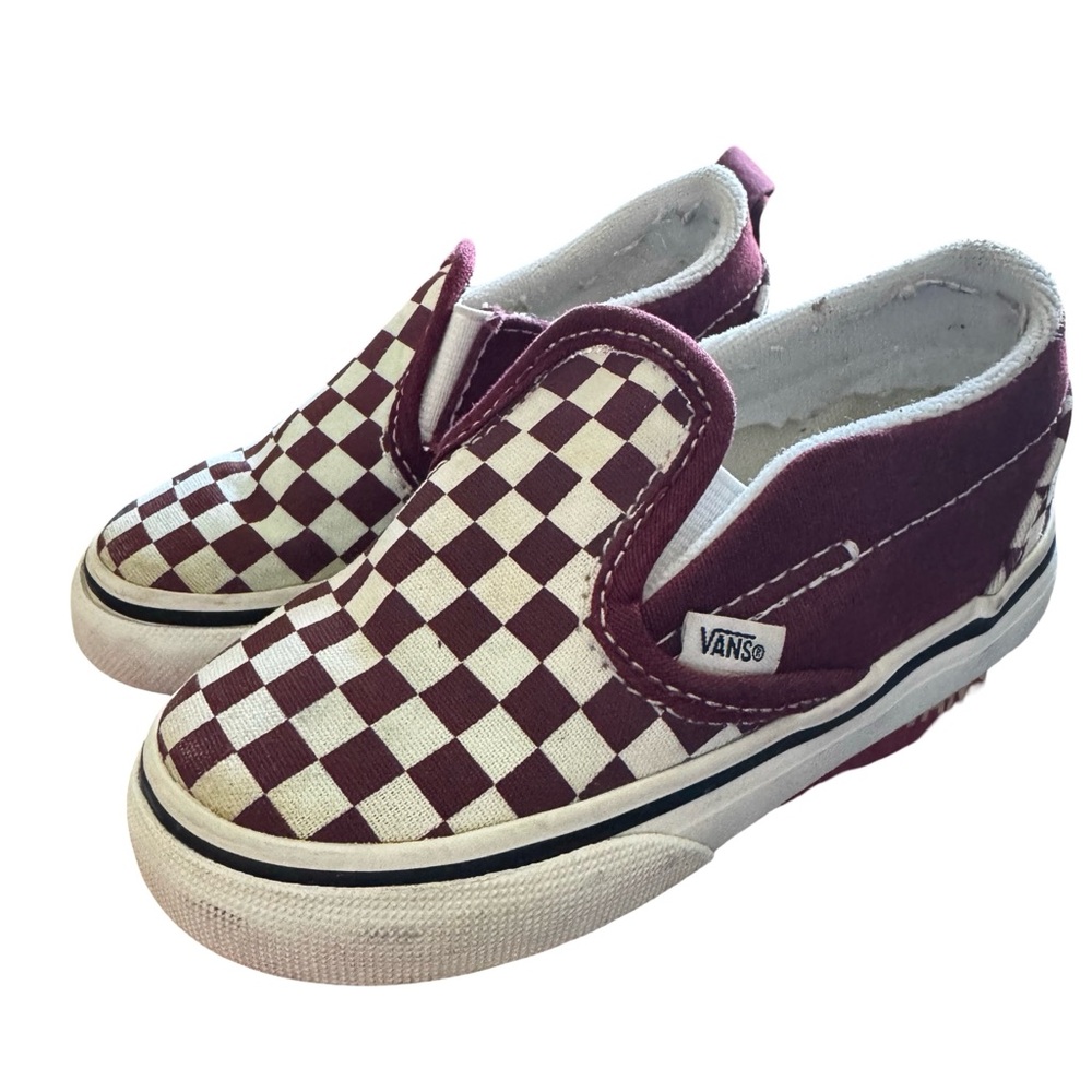 Vans Kids Burgundy and White Checkerboard Slip-On Sneakers